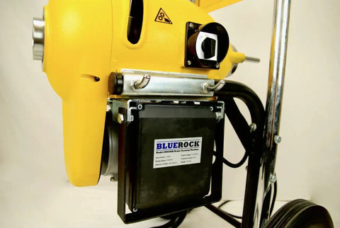 Close-up of Workhorse 1.5 HP Sectional Pipe Drain Cleaner and Sewer Snake Machine, showing motor and controls, 110V power.