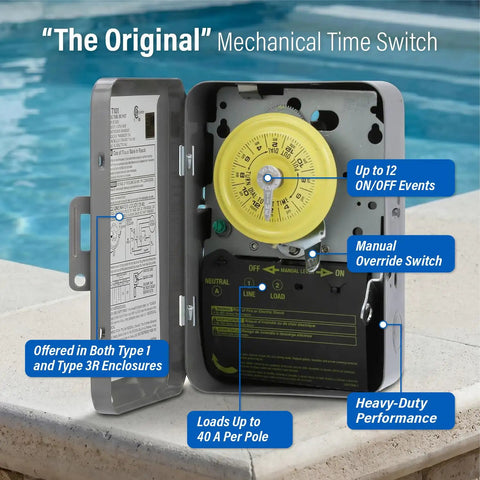 Top Shelf Mechanical Timer Switch DPST 208 To 277 Volt 24 Hour Manual Dial Type 3R Weather Sealed Commercial Grade Switch, showing internal mechanics and settings.