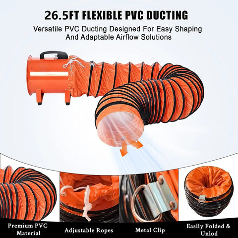 12 Inch Industrial Blower Fan with 26.5ft flexible PVC ducting for construction and workshop dust removal