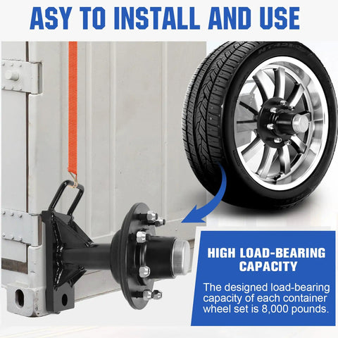 Heavy Duty Shipping Container Wheels With 8 X 6.5 Lug Kit For Industrial Cargo Rollers, showing assembly on container with high load capacity.