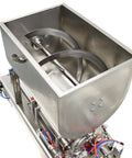 Heavy Duty Pneumatic Liquid Filler Workhorse With Heating And Mixing Functions features dual mixing blades in a stainless steel container.