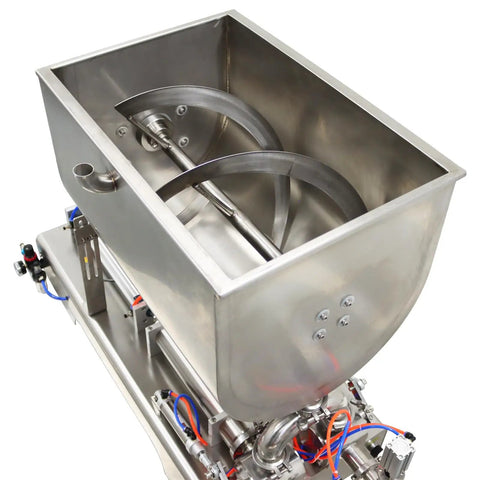 Heavy Duty Pneumatic Liquid Filler Workhorse With Heating And Mixing Functions features dual mixing blades in a stainless steel container.