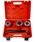 Heavy Duty Pipe Threader Ratchet Kit With BSPT Dies In Half Inch, Three Quarter Inch And One Inch Sizes, displayed in red case