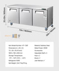 Tough 72 Inch Wide Commercial Undercounter Freezer With Triple Locking Doors And Smooth Rolling Casters, 17 Point 7 Cu Ft Stainless Steel Prep Worktable displayed with dimensions.