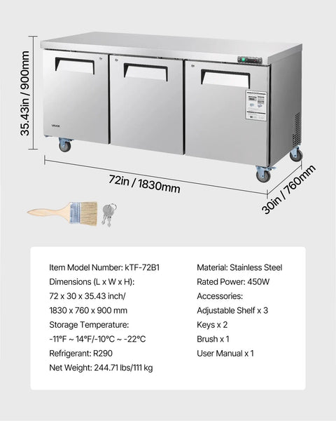 Tough 72 Inch Wide Commercial Undercounter Freezer With Triple Locking Doors And Smooth Rolling Casters, 17 Point 7 Cu Ft Stainless Steel Prep Worktable displayed with dimensions.