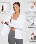 Woman wearing Women's UPF 50 Plus Sun Protection Hoodie Jacket For Hiking And All Day Outdoor Adventures Lightweight Long Sleeve With Hood And Thumbholes Breathable Quick Dry Fabric Ideal For Travel Fishing Beach White Size M with phone in pocket and thumbholes visible