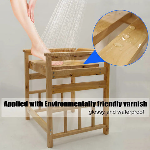 Wood Shower Bench Waterproof Spa Stool For Inside Showers Multiuse Shower Chair Built To Last 400 Lb Capacity Easy Drain And Non Slip Bath Accessory with water droplets on seat.