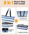 Beach Bag With Detachable Cooler, 54L Large Capacity Waterproof And Sandproof Duffle Tote For Women, Travel Beach Vacation Essentials, 9 Pockets For Quick Access And Valuables, Great For Swimming, Diving, Poolside, Blue, showing detachable cooler and striped pattern.