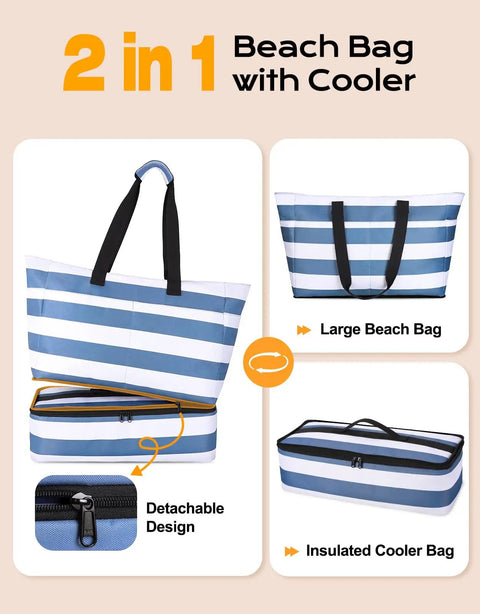 Beach Bag With Detachable Cooler, 54L Large Capacity Waterproof And Sandproof Duffle Tote For Women, Travel Beach Vacation Essentials, 9 Pockets For Quick Access And Valuables, Great For Swimming, Diving, Poolside, Blue, showing detachable cooler and striped pattern.