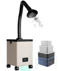 Smooth Rolling Heavy Duty Fume Extractor With Three Stage Air Filter And Killer Eighty Watt Motor For Laser Cutters Engravers Soldering Stations Cnc Machines And Welding To Keep Your Workspace Looking Crisp, featuring flexible arm and filters.