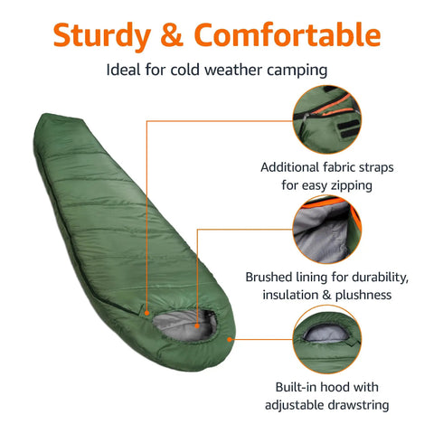 Cold Weather Mummy Sleeping Bag For Hiking And Camping With No Snag Zipper 20 Degree Temperature Rating Portable 82 Inches By 33 Inches Olive Green Durable Polyester Shell And Soft Brushed Tricot Liner showing fabric details