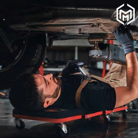 Mechanic using Grab-And-Go Foldable Z Creeper 2-In-1 Car Roller Seat 36 Inch Adjustable Converts From Creeper To Seat With Pin