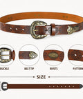 Premium Faux Leather Western Belt For Women Featuring Antique Cowboy Buckle with detailed floral pattern and rivets.