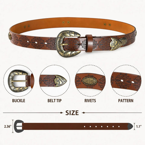 Premium Faux Leather Western Belt For Women Featuring Antique Cowboy Buckle with detailed floral pattern and rivets.