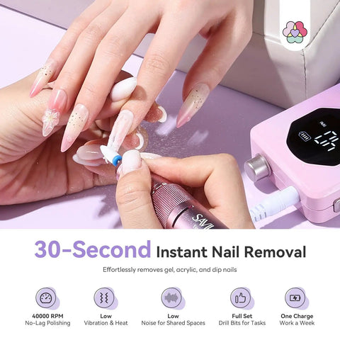 40,000 RPM Nail Drill For Pros With 30 Second Acrylic Removal And Low Noise Electric Nail File in use for acrylic removal