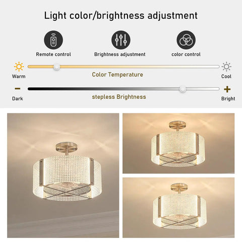 Dimmable Crystal Ceiling Fan With Remote Light Fandelier Chandelier Style, brightness adjustment features displayed.