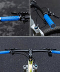 Double Lock On Bike Handlebar Grips Non Slip Grippy Comfort Rubber Grips For Mountain Bike BMX Scooter Beach Cruiser And Folding Bike In Black Blue Red White Yellow shown on handlebars.