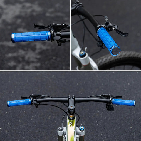 Double Lock On Bike Handlebar Grips Non Slip Grippy Comfort Rubber Grips For Mountain Bike BMX Scooter Beach Cruiser And Folding Bike In Black Blue Red White Yellow shown on handlebars.