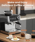 No Fuss Home Espresso Machine With Built In Grinder And Stainless Steel Milk Frother Wand For Killer Lattes And Smooth Shots Quick 20 Bar Brew Setup For Your Daily Grind on kitchen counter with coffee cups and cookies.