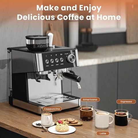 No Fuss Home Espresso Machine With Built In Grinder And Stainless Steel Milk Frother Wand For Killer Lattes And Smooth Shots Quick 20 Bar Brew Setup For Your Daily Grind on kitchen counter with coffee cups and cookies.