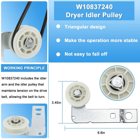 Close-up of W10837240 dryer idler pulley with bracket, showing triangular design and dimensions.