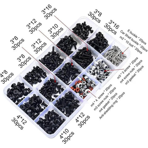 All In One RC Screw Kit With Stainless Fasteners For One Eighth One Tenth One Twelfth And One Sixteenth Scale Cars 500 Pieces in tray