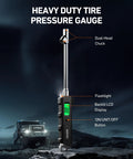 AstroAI heavy-duty digital tire pressure gauge with dual-head chuck, backlit LCD, flashlight, stainless steel body
