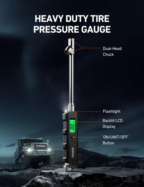 AstroAI heavy-duty digital tire pressure gauge with dual-head chuck, backlit LCD, flashlight, stainless steel body