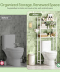 Three Tier Over Toilet Storage Rack With Built In Paper Towel Holder And Heavy Duty Hooks, Smart Bathroom Organizer Shelf in tidy bathroom.