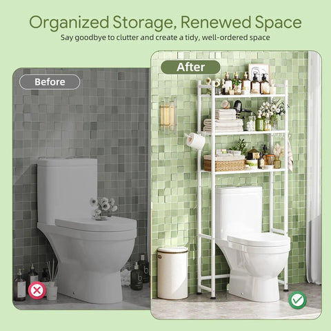 Three Tier Over Toilet Storage Rack With Built In Paper Towel Holder And Heavy Duty Hooks, Smart Bathroom Organizer Shelf in tidy bathroom.