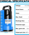 Three Quarter HP Auto Submersible Sump Pump 2400 GPH Thermoplastic Portable with 16 ft cord and technical specifications.