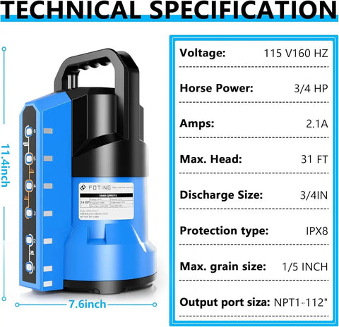 Three Quarter HP Auto Submersible Sump Pump 2400 GPH Thermoplastic Portable with 16 ft cord and technical specifications.
