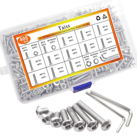 M3 M4 Screw Set With Nuts Washers And Wrenches 304 Stainless Steel Button Head Hex Socket Cap Screws M3 And M4 Sizes 4mm To 25mm 405 Piece DIY Ready Kit For Projects Robotics And Machinery in a plastic case
