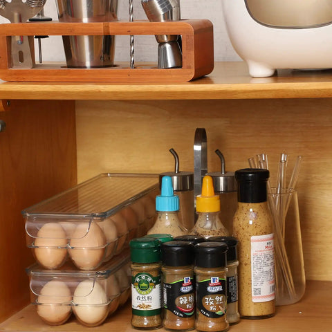 Clear 14 Egg Organizer Tray For Refrigerator Narrow Stackable Dispenser No Brainer Easy Access And Space Saving BPA Free Plastic Fits 14 Eggs 2 Pack For Fridges stacked in pantry