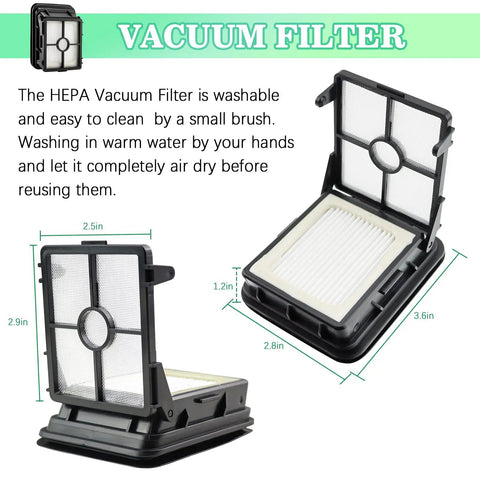 CrossWave Replacement Brush Roll Set And Filter Pack For Multi Surface Vacuum Cleaners 3 Pack Green Brush Rolls And 3 Pack 1866 Vacuum Filters Compatible With 2306A 1785 Series And Most CrossWave Models Ready To Roll shown with HEPA filter dimensions