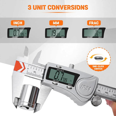 Heavy Duty 8 Inch Digital Caliper With IP54 Splash Proof Stainless Steel Build showing inch, mm, fraction modes, and battery