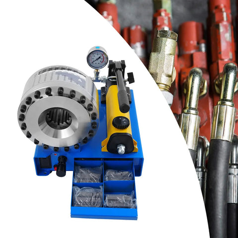 Beast Of A Handheld Hydraulic Hose Crimper With 8 Interchangeable Dies, tool setup with attached gauge in a workshop.