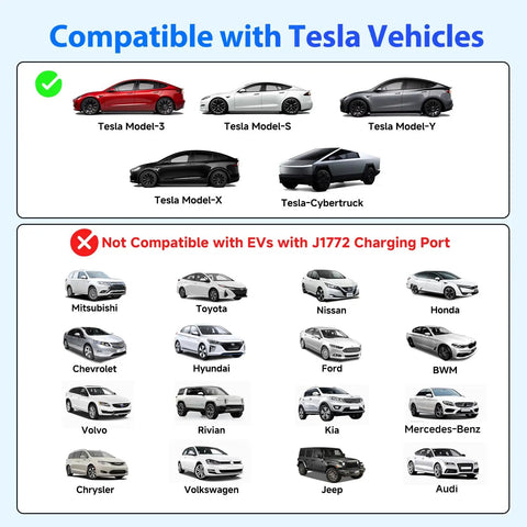 Image showing compatibility of Heavy Duty 21 Foot NACS EV Extension Cord Supports Up To 50A At 240V with Tesla models.