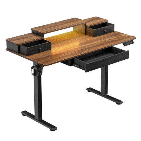 47 Inch Electric Standing Desk With RGB LED Gaming Table And Memory Height Adjustments For Ultimate Battle Station Setup In Modern Homes with drawers.