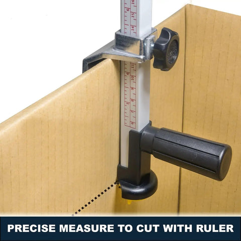 Box Resizer Tool With Safety Blade Cover And Scoring Wheel For Custom Box Size Up To 10 Inches Deep, No Guesswork Reducing Cartons To Exact Dimensions For Ecommerce, Retail And Warehouse Packing on cardboard box