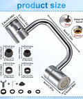 Flexible Swivel Faucet Aerator Extension Featuring Dual Flow Modes And Four Joint Bend Design For complete sink coverage, showing product dimensions and parts.