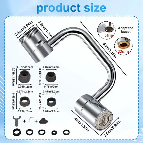 Flexible Swivel Faucet Aerator Extension Featuring Dual Flow Modes And Four Joint Bend Design For complete sink coverage, showing product dimensions and parts.