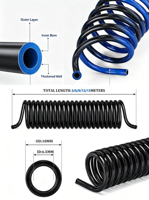 Premium Heavy Duty Shop Grade Self Retracting PU Coiled Air Hose For Air Compressors showing 10mm diameter and coiled design