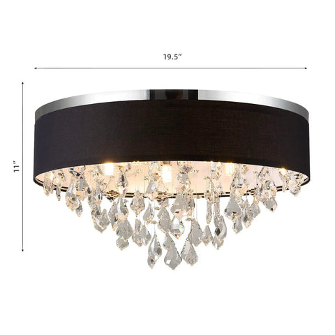 Flush Mount Ceiling Light Fixture 19.5 Inches Black Crystal Chandelier with fabric shade and K9 crystals, 19.5"W x 11"H