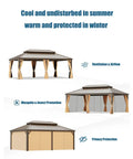 Front and side view of All Season Hardtop Metal Roof Gazebo With Mosquito Netting And Privacy Curtains for backyard, year-round use.