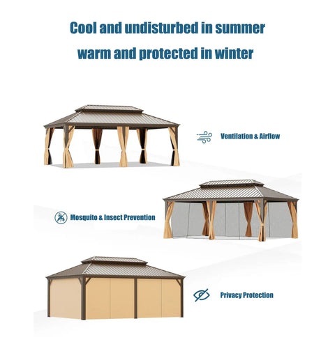 Front and side view of All Season Hardtop Metal Roof Gazebo With Mosquito Netting And Privacy Curtains for backyard, year-round use.