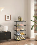 Slim 5 Tier Shoe Rack For Tight Spaces 16.3 Inch Wide Narrow Space Saving Organizer Made From Lightweight Nonwoven Fabric Holds About 10 Pairs