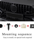4 Piece Car License Plate Screw Kit Self Mounting with black fasteners shown on vehicle grill, includes screws and caps.