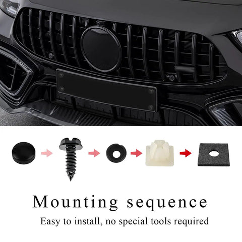 4 Piece Car License Plate Screw Kit Self Mounting with black fasteners shown on vehicle grill, includes screws and caps.