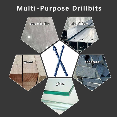 Front view of 8-pack blue serrated masonry drill bits crossed, with icons for tile, wood, concrete, glass, and aluminum.